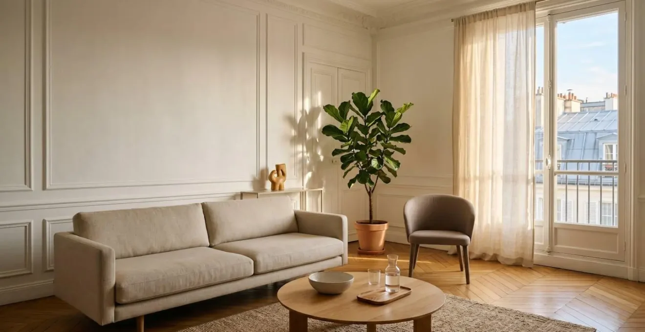 Vue épurée d'un intérieur parisien meublé avec lumière naturelle douce