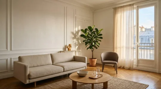Vue épurée d'un intérieur parisien meublé avec lumière naturelle douce