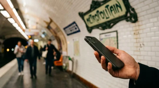 Personne utilisant un smartphone pour naviguer dans les transports parisiens