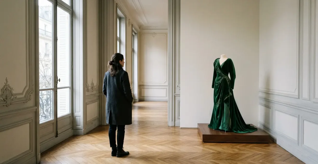 Visiteur admirant une robe de haute couture dans une galerie parisienne