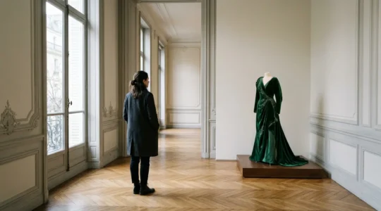 Visiteur admirant une robe de haute couture dans une galerie parisienne