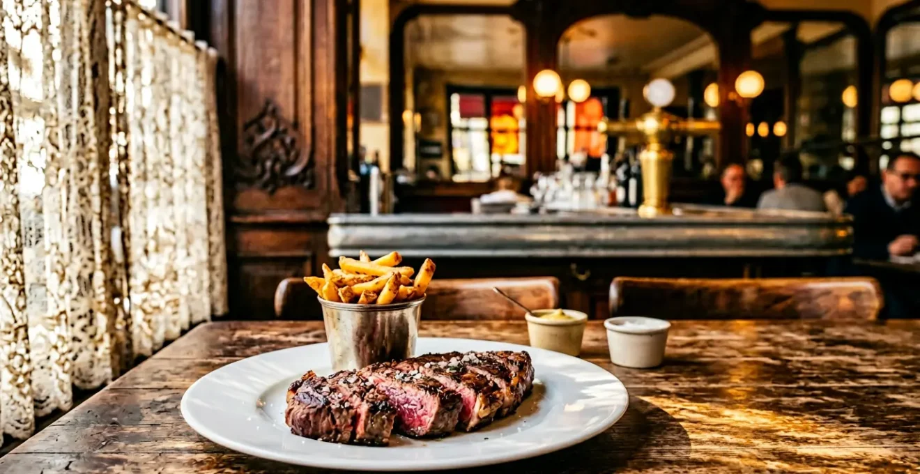 Assiette de steak-frites avec viande maturée et frites maison dans une brasserie parisienne authentique