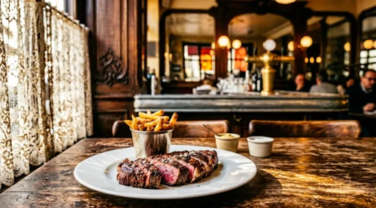 Assiette de steak-frites avec viande maturée et frites maison dans une brasserie parisienne authentique