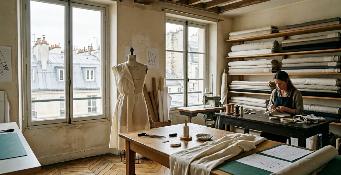 Atelier de création de mode parisien avec tissus et matériaux de qualité dans une lumière naturelle