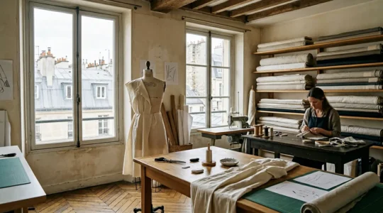 Atelier de création de mode parisien avec tissus et matériaux de qualité dans une lumière naturelle