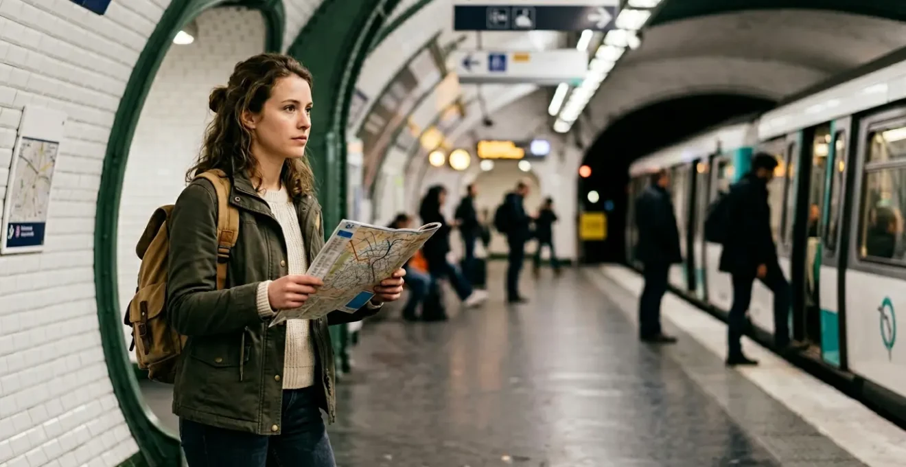 Voyageur confiant consultant une carte de métro dans une station parisienne moderne