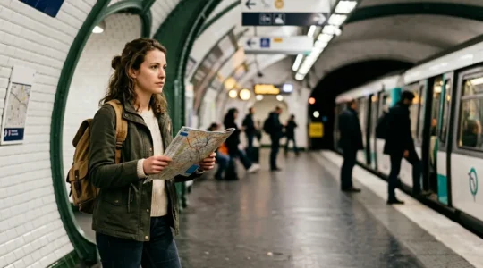 Voyageur confiant consultant une carte de métro dans une station parisienne moderne