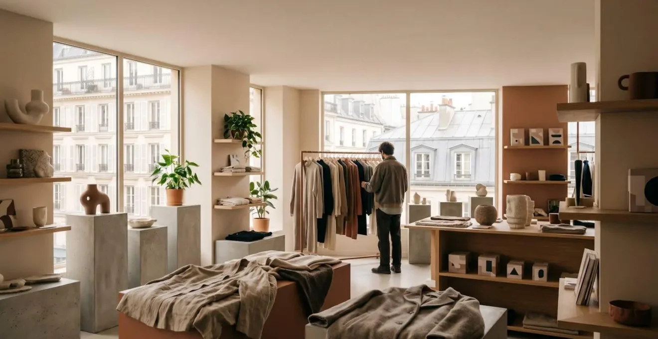 Intérieur d'un concept store parisien moderne avec sélection de créateurs et espace aéré