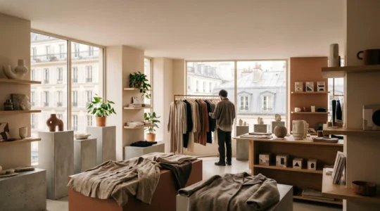 Intérieur d'un concept store parisien moderne avec sélection de créateurs et espace aéré