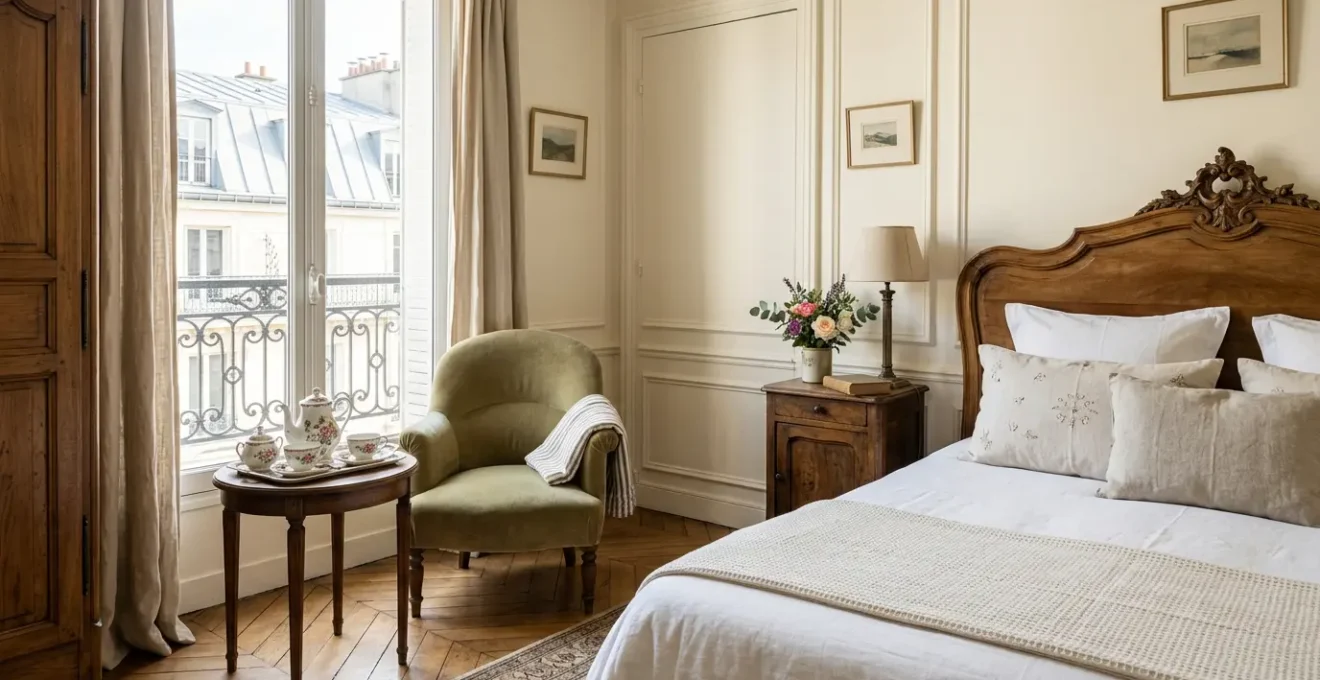 Intérieur confortable d'une chambre d'hôtes parisienne typique avec mobilier authentique