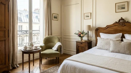Intérieur confortable d'une chambre d'hôtes parisienne typique avec mobilier authentique