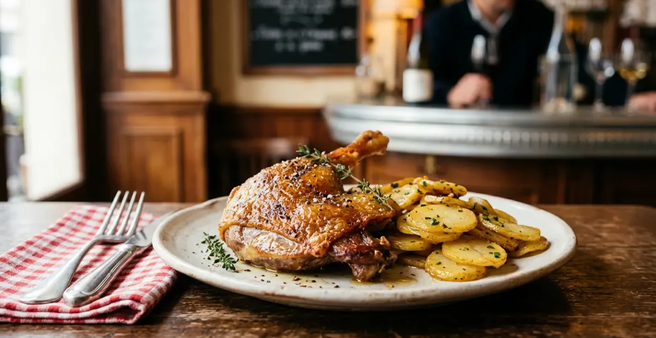 Cuisse de canard confite dorée et croustillante servie avec des pommes sarladaises dans un bistrot parisien traditionnel