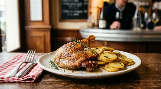 Cuisse de canard confite dorée et croustillante servie avec des pommes sarladaises dans un bistrot parisien traditionnel
