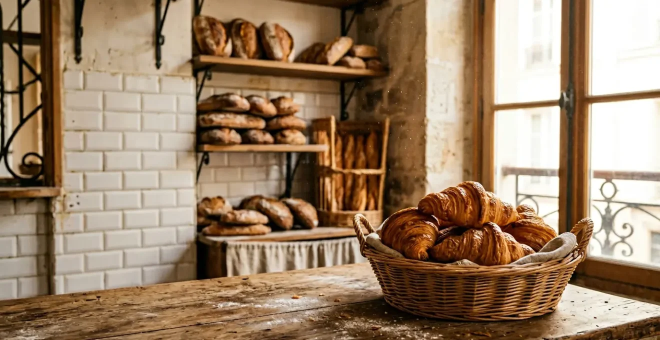 Croissants dorés et feuilletés sortant du four dans une boulangerie artisanale parisienne