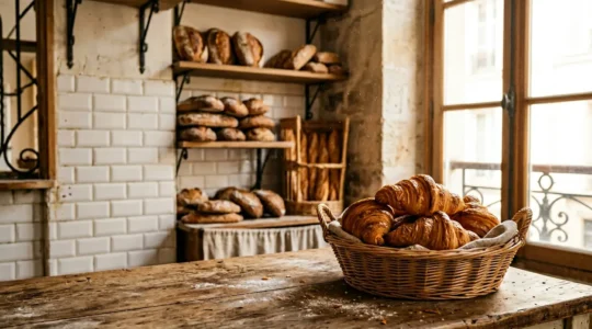 Croissants dorés et feuilletés sortant du four dans une boulangerie artisanale parisienne