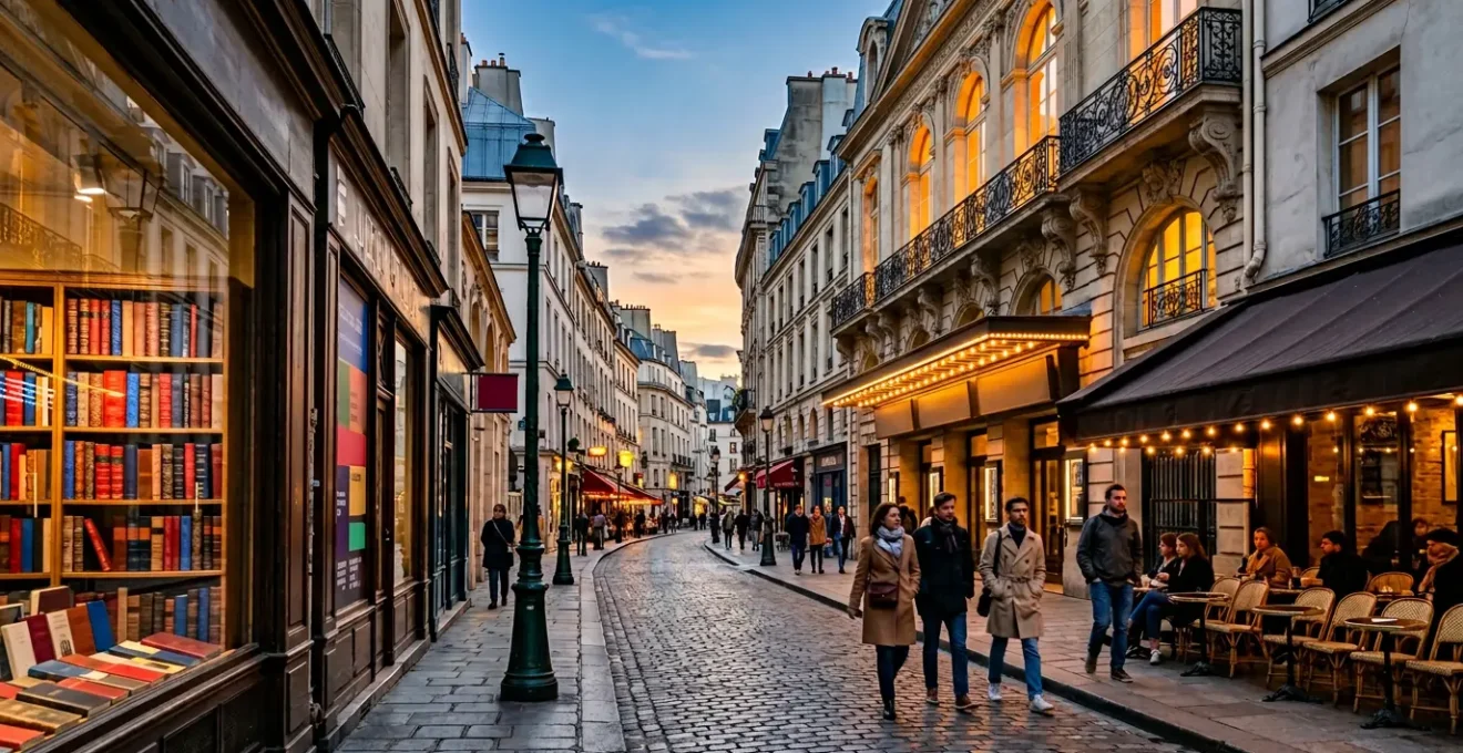 Une scène culturelle parisienne vivante avec théâtres et cinémas dans un quartier historique