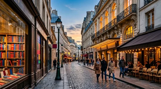 Une scène culturelle parisienne vivante avec théâtres et cinémas dans un quartier historique