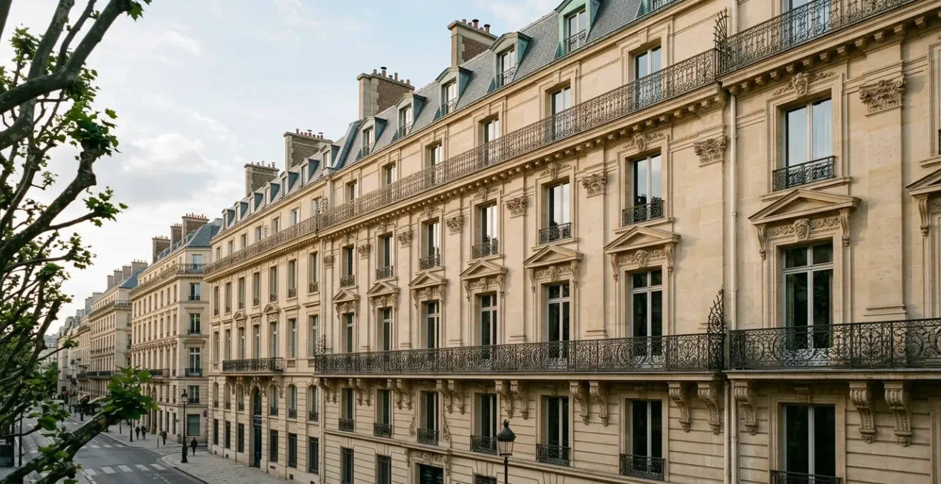 Façade élégante d'immeuble haussmannien sur la Rive droite de Paris avec balcon ouvragé