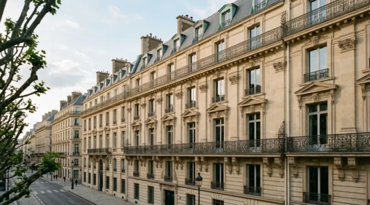 Façade élégante d'immeuble haussmannien sur la Rive droite de Paris avec balcon ouvragé
