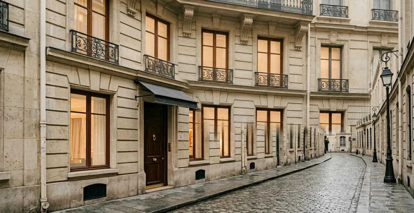 Façade élégante d'un hôtel-boutique parisien dans une rue pavée calme du 6ème arrondissement