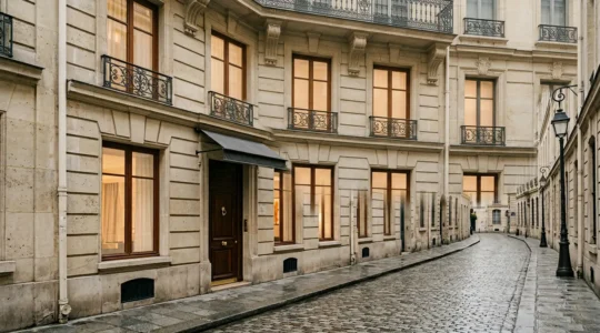 Façade élégante d'un hôtel-boutique parisien dans une rue pavée calme du 6ème arrondissement
