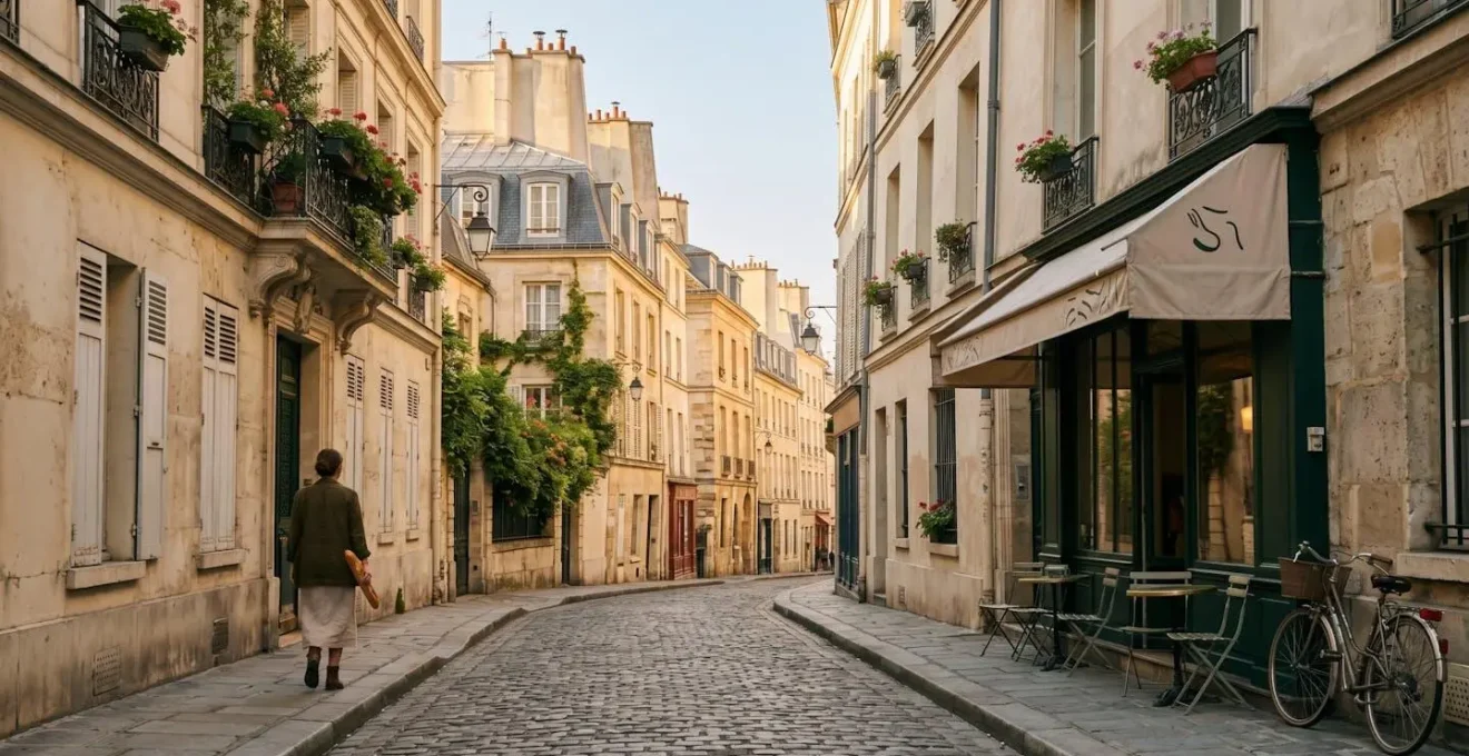Scène parisienne authentique capturant l'atmosphère d'un quartier caché loin des foules touristiques
