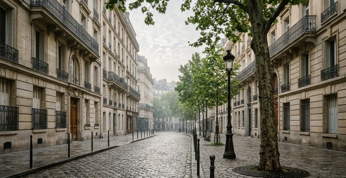 Scène contemplative d'une rue pavée historique de Saint-Germain-des-Prés avec architecture haussmannienne typique de la Rive gauche parisienne