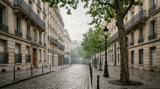 Scène contemplative d'une rue pavée historique de Saint-Germain-des-Prés avec architecture haussmannienne typique de la Rive gauche parisienne