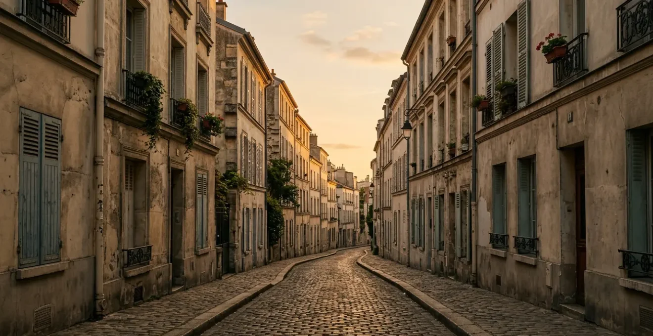 Rue pavée sinueuse de Montmartre au crépuscule avec lumière dorée filtrant entre les immeubles haussmanniens