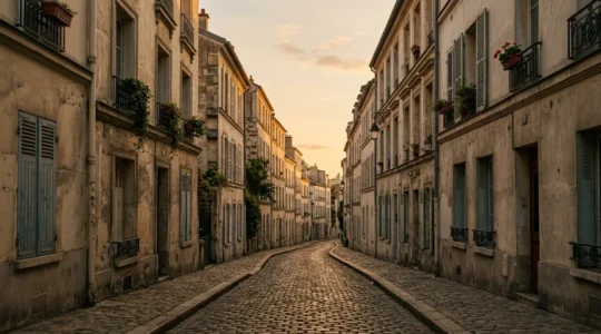 Rue pavée sinueuse de Montmartre au crépuscule avec lumière dorée filtrant entre les immeubles haussmanniens