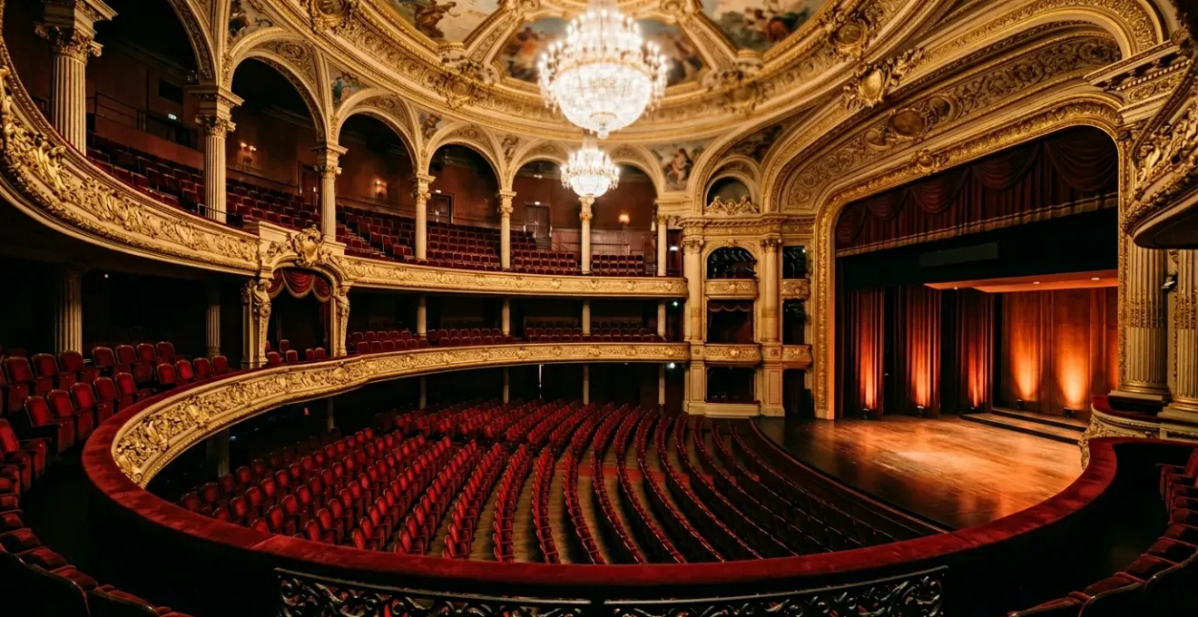 Atmosphère intimiste d'une salle de concert historique parisienne avec architecture classique et lumières scéniques