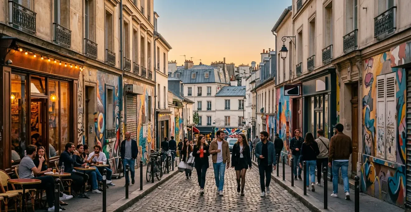 Perspective urbaine du quartier de Belleville à Paris avec ses ruelles animées et son énergie créative contemporaine