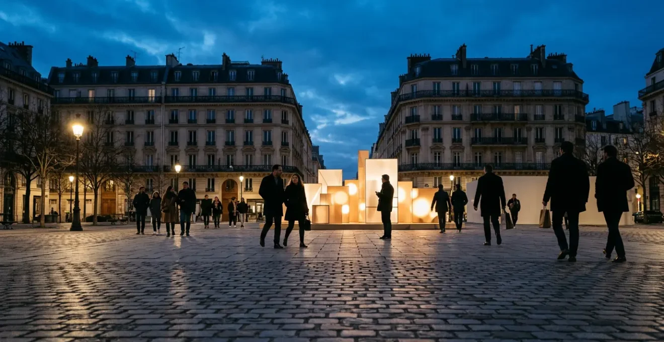 Scène culturelle nocturne parisienne pendant un grand événement festif avec foule et installations artistiques