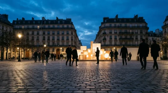 Scène culturelle nocturne parisienne pendant un grand événement festif avec foule et installations artistiques