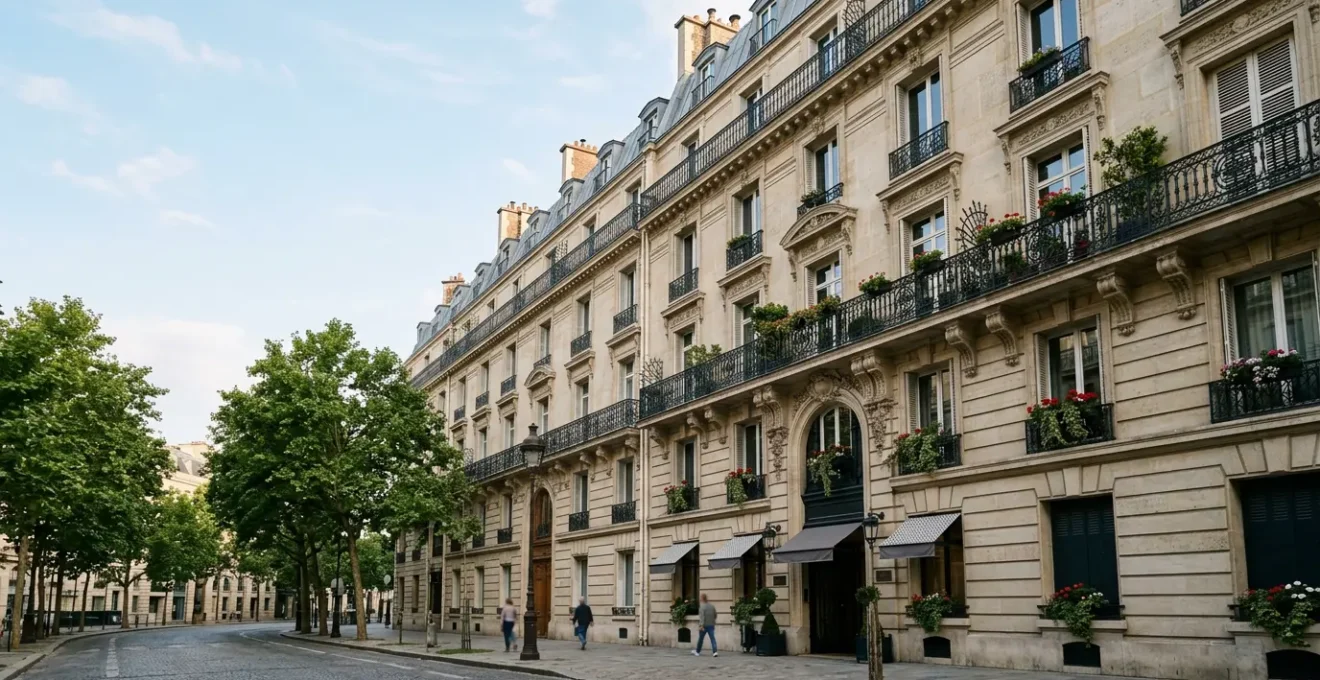 Vue élégante d'une façade haussmannienne parisienne sous une lumière naturelle douce, évoquant le charme de l'hébergement à Paris