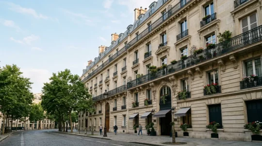 Vue élégante d'une façade haussmannienne parisienne sous une lumière naturelle douce, évoquant le charme de l'hébergement à Paris
