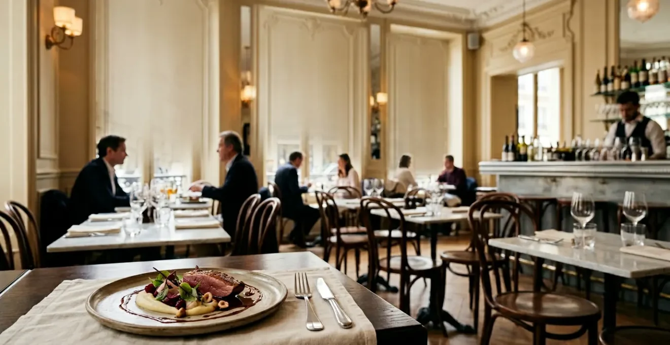 Scène de dégustation gastronomique française dans un cadre élégant parisien