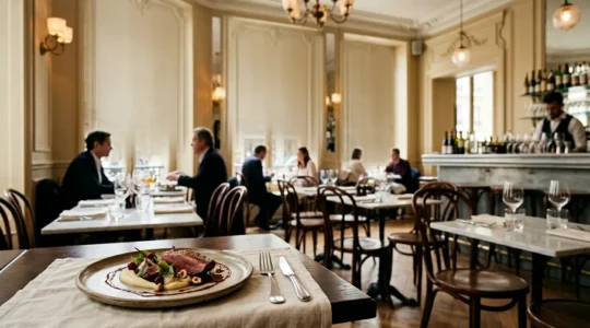 Scène de dégustation gastronomique française dans un cadre élégant parisien