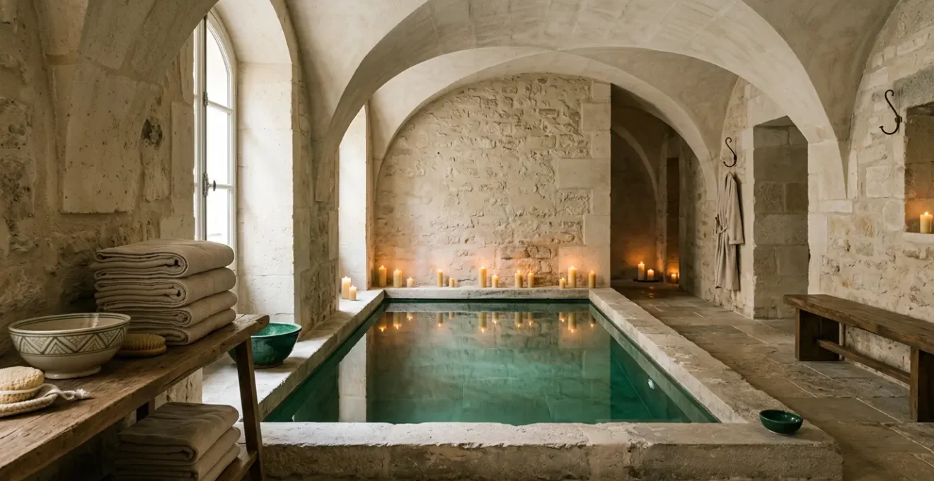 Ambiance spa luxueux parisien avec hammam, pierres naturelles et lumière douce