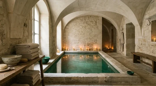 Ambiance spa luxueux parisien avec hammam, pierres naturelles et lumière douce