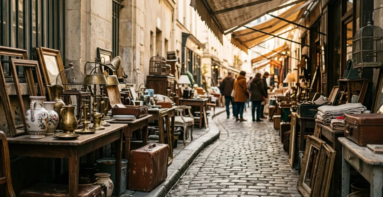 Ambiance authentique du marché aux puces de Saint-Ouen avec stands d'antiquités et chineurs en action
