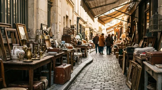 Ambiance authentique du marché aux puces de Saint-Ouen avec stands d'antiquités et chineurs en action
