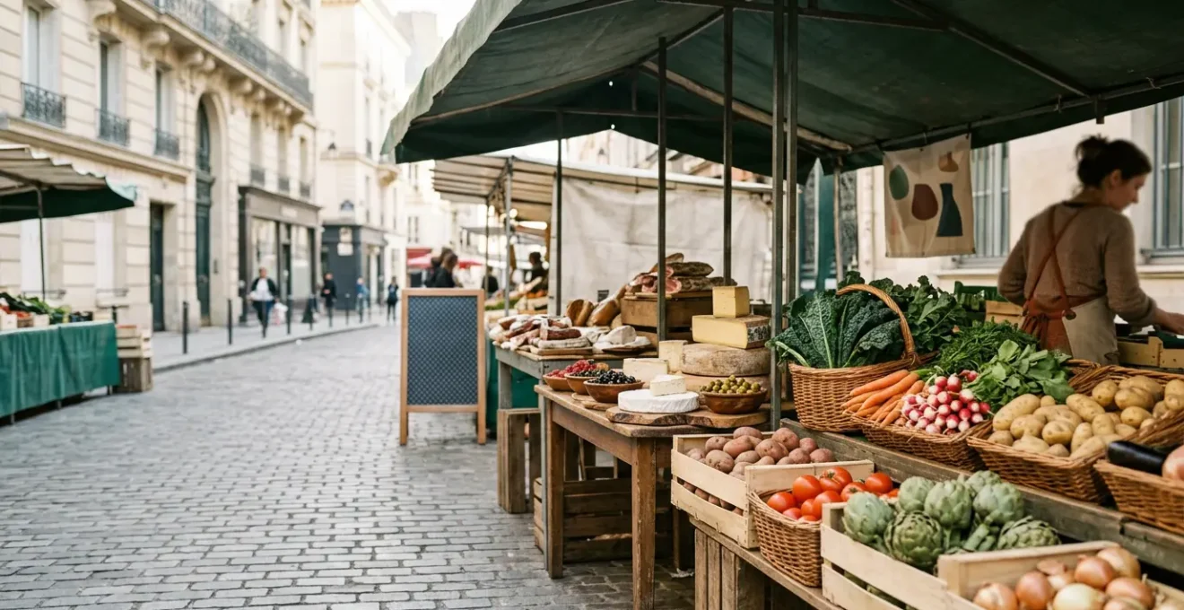 Étal de marché parisien avec produits frais du terroir et ambiance authentique