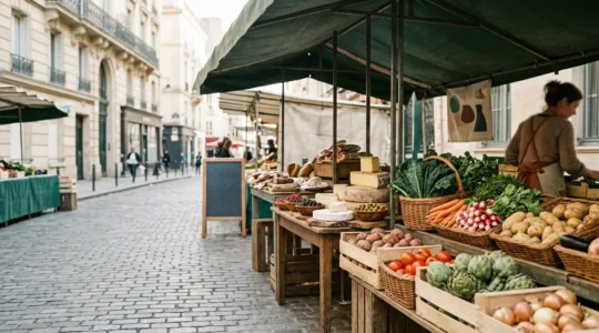 Étal de marché parisien avec produits frais du terroir et ambiance authentique