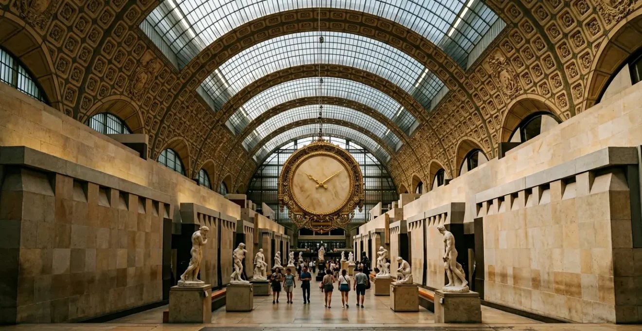 Vue intérieure majestueuse du Musée d'Orsay avec la grande verrière illuminant les galeries d'art impressionniste à Paris