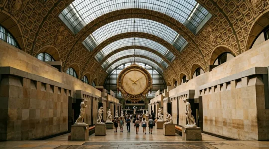 Vue intérieure majestueuse du Musée d'Orsay avec la grande verrière illuminant les galeries d'art impressionniste à Paris