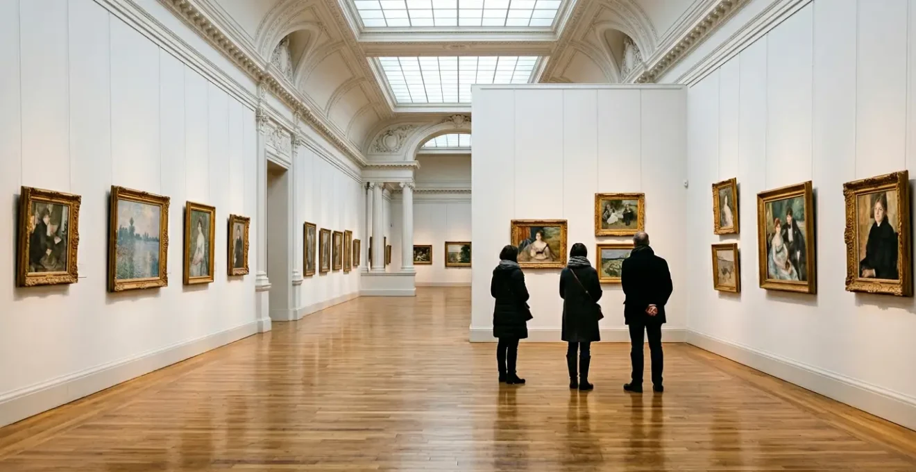 Galerie muséale parisienne avec œuvres impressionnistes baignées de lumière naturelle