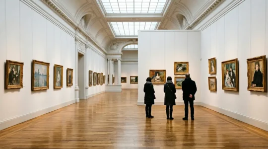 Galerie muséale parisienne avec œuvres impressionnistes baignées de lumière naturelle