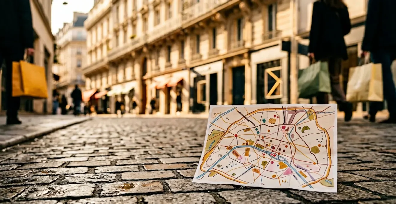 Une personne contemplant une carte détaillée de Paris avec des boutiques stylisées en arrière-plan, composition minimaliste et lumineuse
