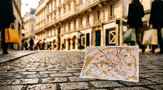 Une personne contemplant une carte détaillée de Paris avec des boutiques stylisées en arrière-plan, composition minimaliste et lumineuse